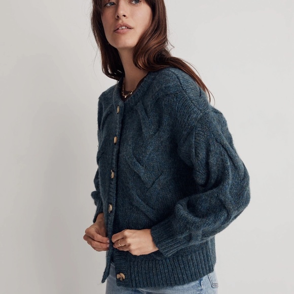 Madewell Ashmont Cable Knit Cardigan Sweater Cozy Large Wool Blend Mineral Blue - Picture 1 of 11